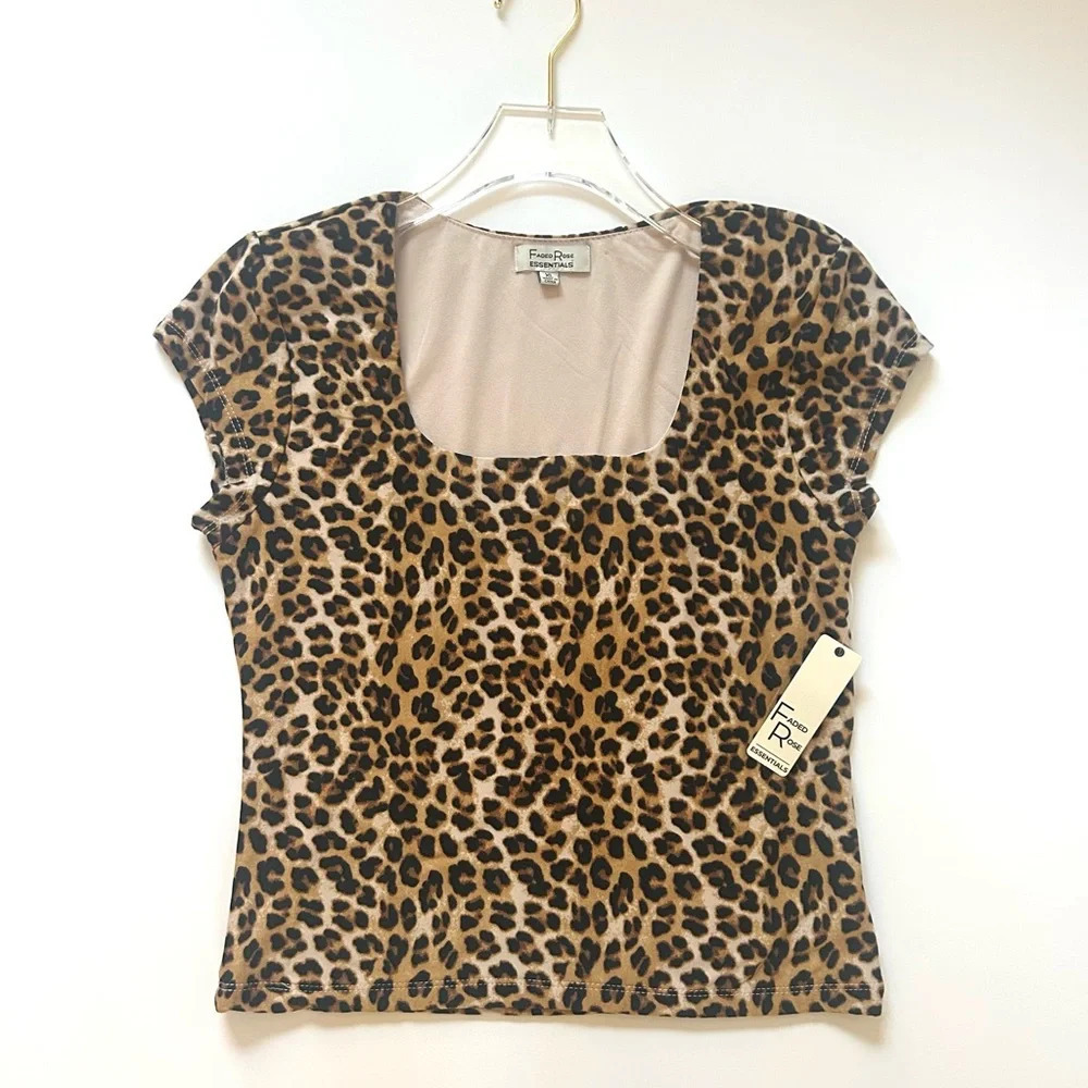 Leopard Cropped Tee T-Shirt Top Short Sleeve Fitted Brown Size XL NEW